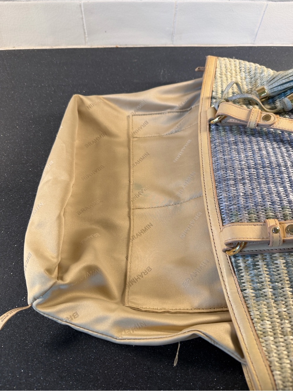 Brahmin Med Bowie Zip-top Blue-GreenWoven Tote with Tan Leather Trim - Picture 10 of 13